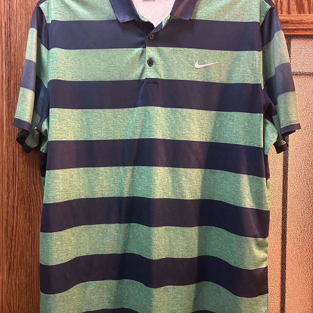 Nike Men's Polo Shirt with Green and Navy Stripes